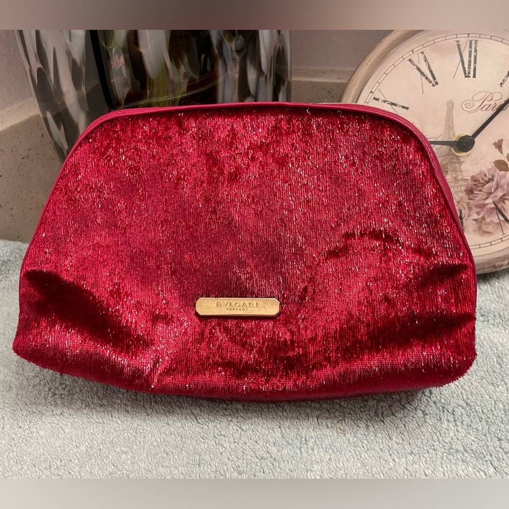 Bvlgari Shimmery Red Velvet Cosmetic Case with Gold Plaque